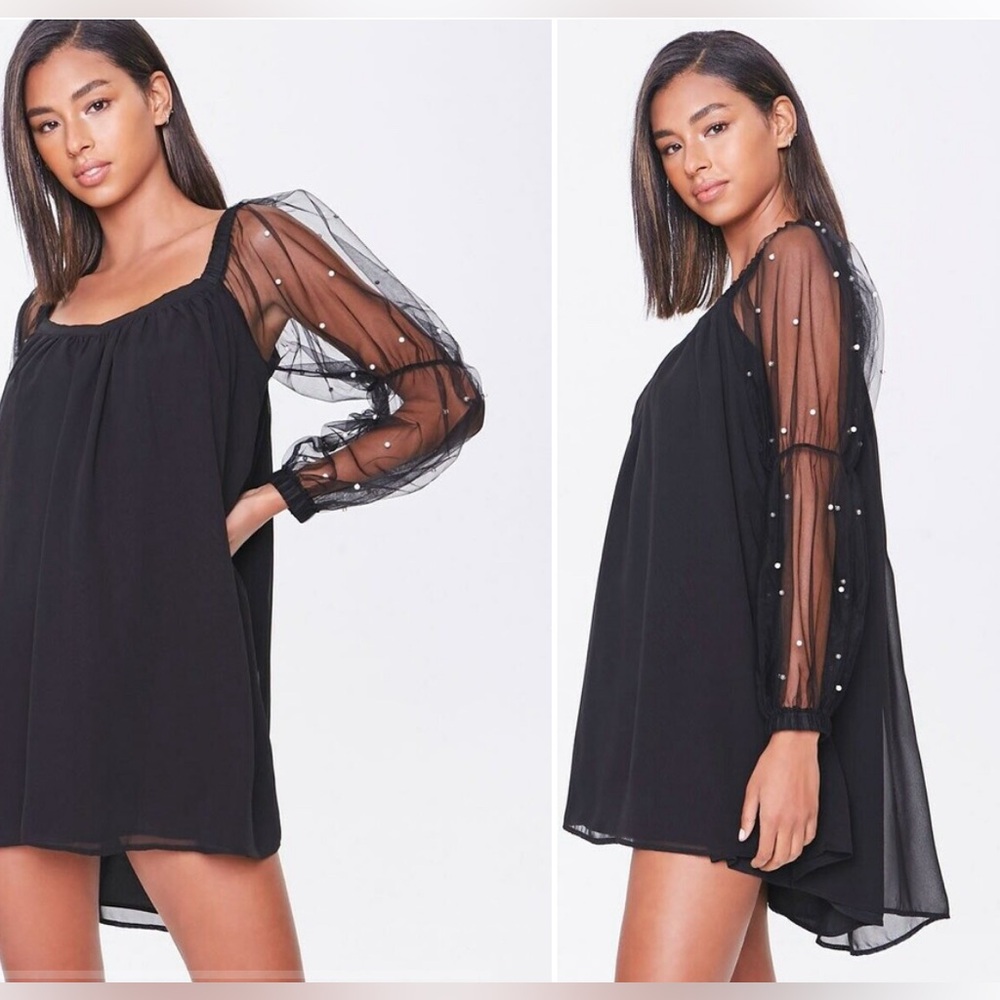 NWT Sheer Faux Pearl Sleeve Mini Dress